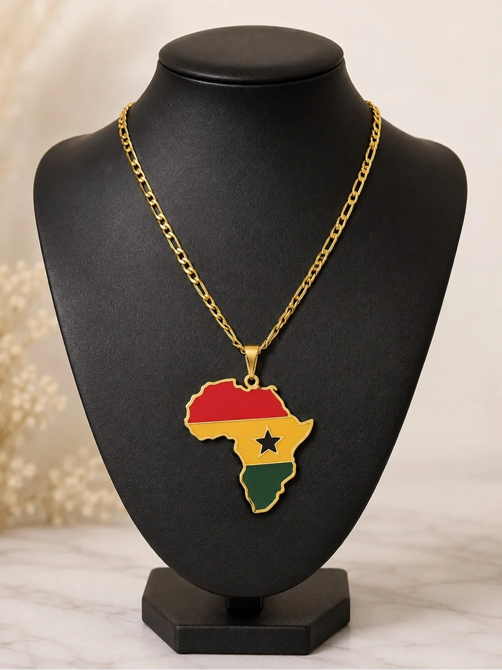 Gold Africa Map Pendant Necklace with Red, Yellow & Green Inlay
